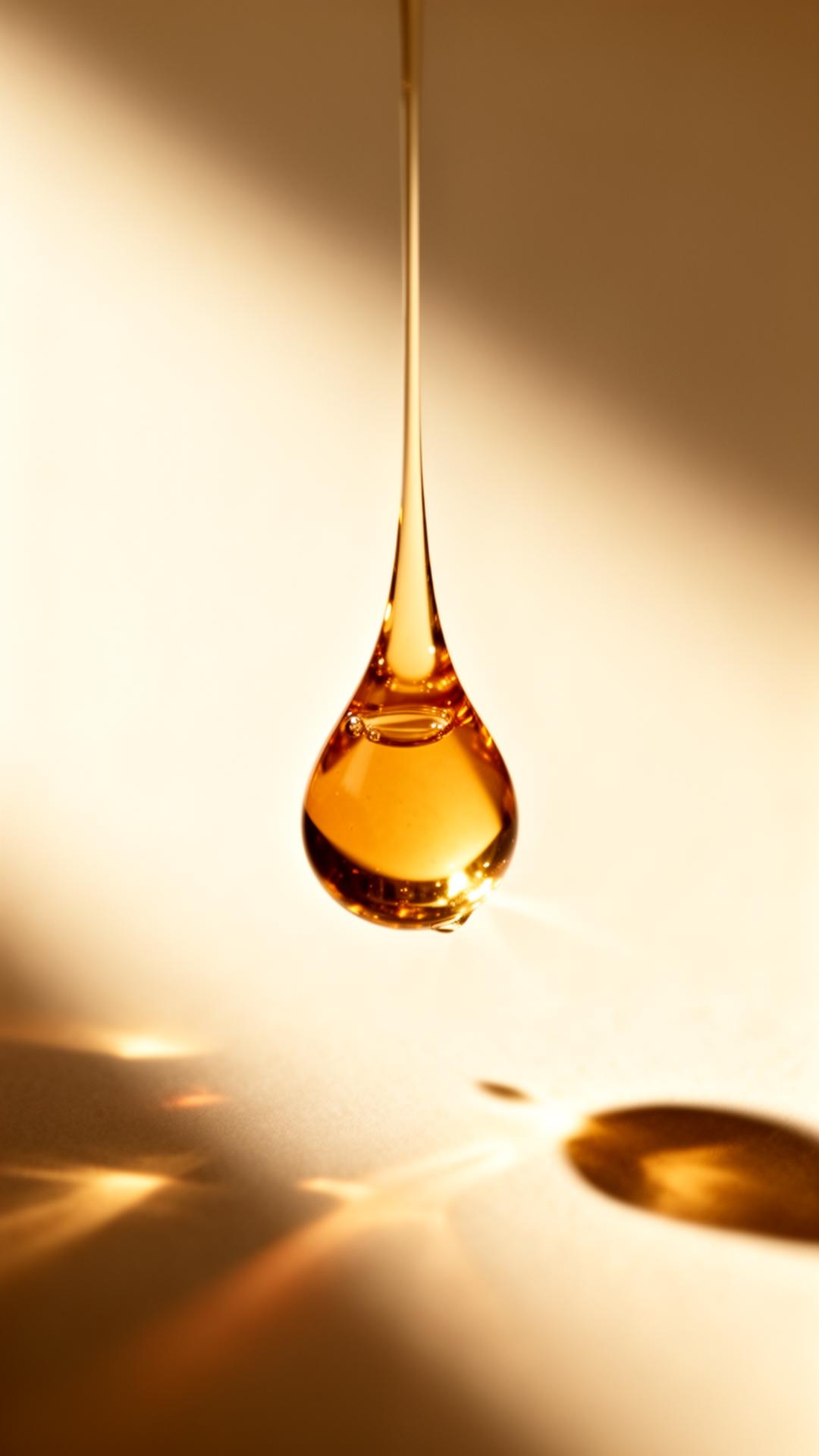 A single drop of amber perfume oil suspended mid-fall